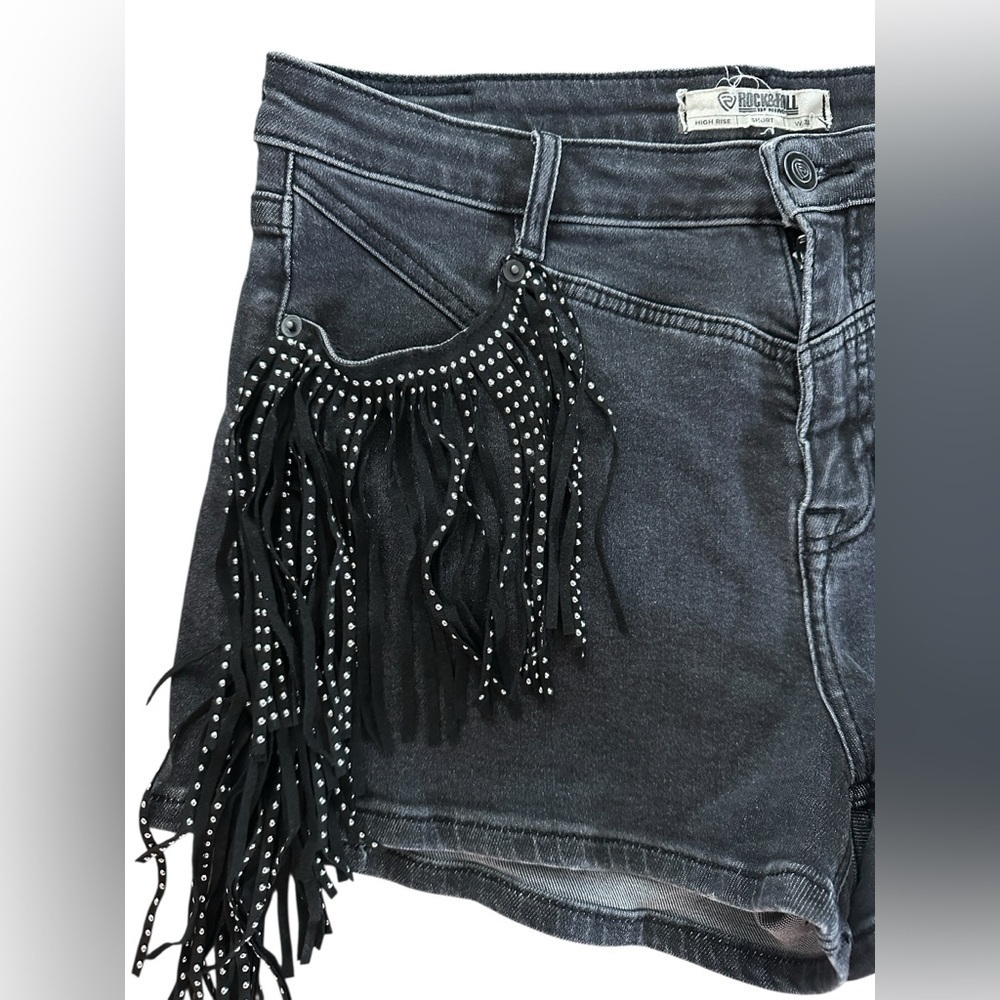 Rock & Roll Denim High Rise Fringe Shorts β Black W33 - Picture 4 of 12